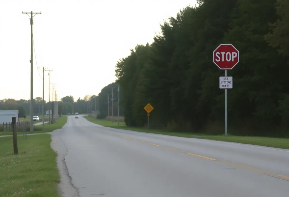 Rural road with a stop sign in Gilford Township, Michigan.