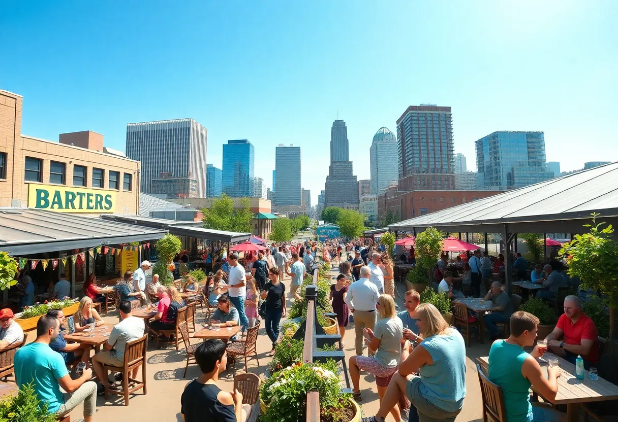 A vibrant scene of Grand Rapids craft breweries with people enjoying outdoor seating.