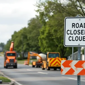 Road closure sign on Haggerty Road with construction equipment