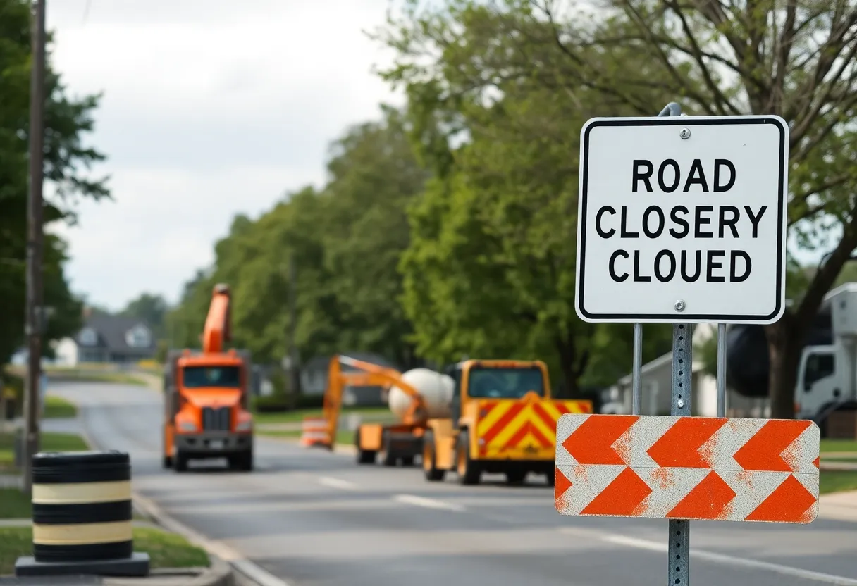 Road closure sign on Haggerty Road with construction equipment