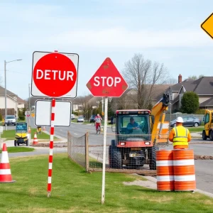 Construction work on Haggerty Road with detour signs.