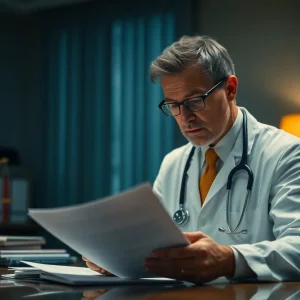 Healthcare professional examines prescription paperwork.