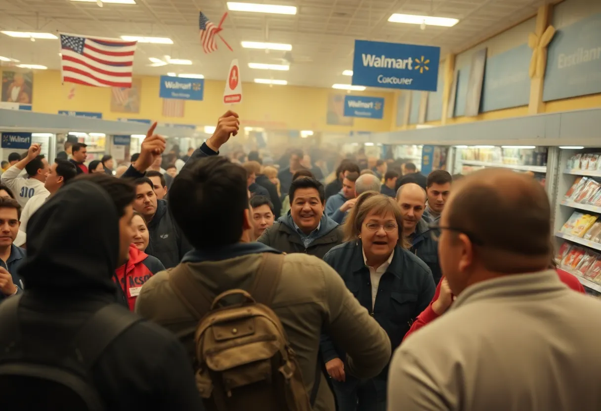 Bystanders intervening during a chaotic scene at a Walmart store.