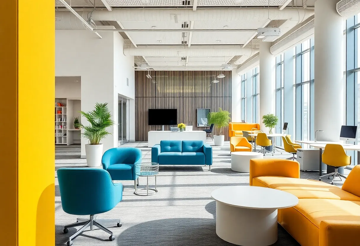 Modern office furniture display representing the HNI and Steelcase merger.