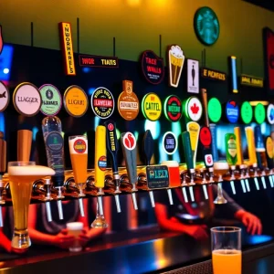 Self-pour beer wall at HUB Stadium featuring 50 taps