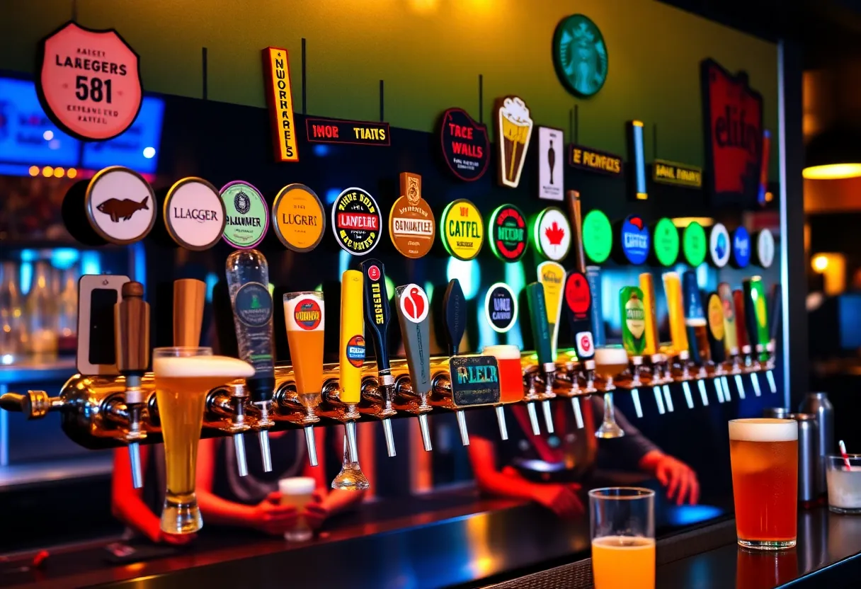 Self-pour beer wall at HUB Stadium featuring 50 taps