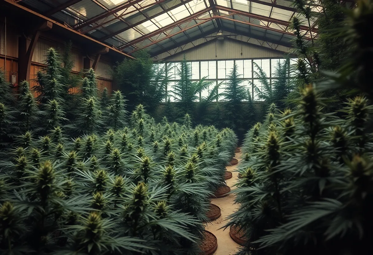 Seized illegal cannabis plants and equipment from a raid.