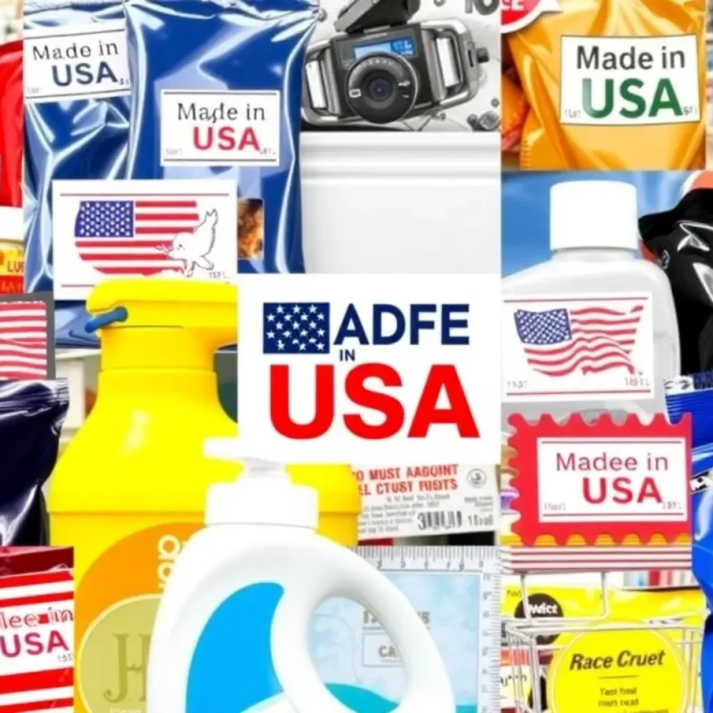 Various products displaying 'Made in USA' labels in a retail setting.