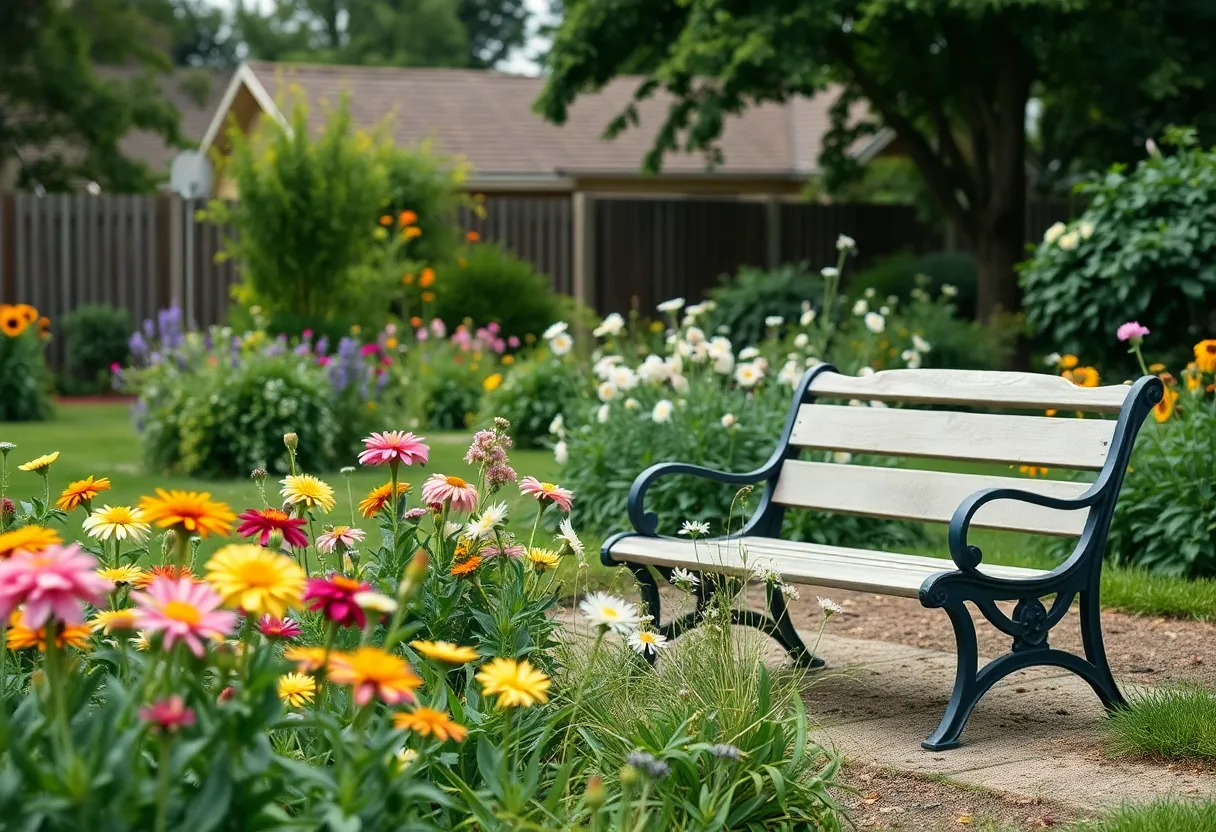 A tranquil garden filled with colorful flowers and a bench, representing the legacy of Mary Lou Morris.
