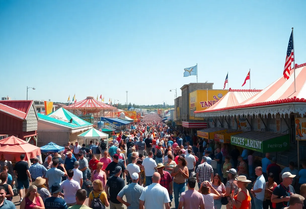 A lively state fair scene with rides, attractions, and enhanced security measures.