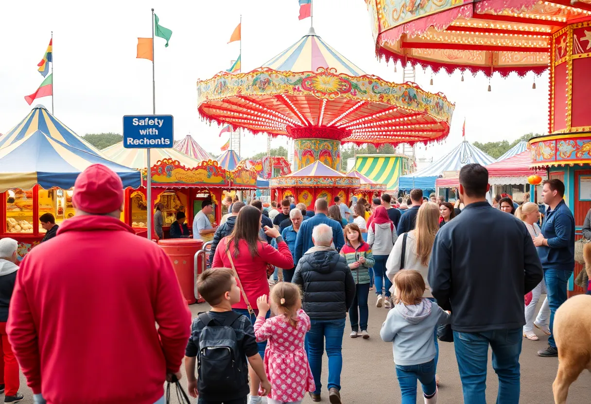 Families enjoying the Michigan State Fair with attractions and security measures visible