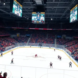 Crowd at Michigan State hockey game cheering and showing support