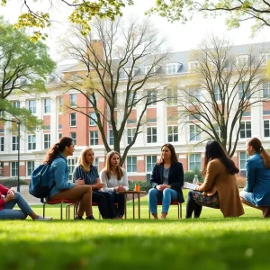 Students discussing mental health on a university campus.