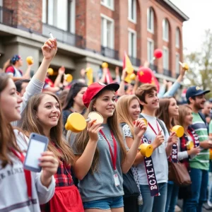 Students celebrating at the MSU send-off event with cowbells