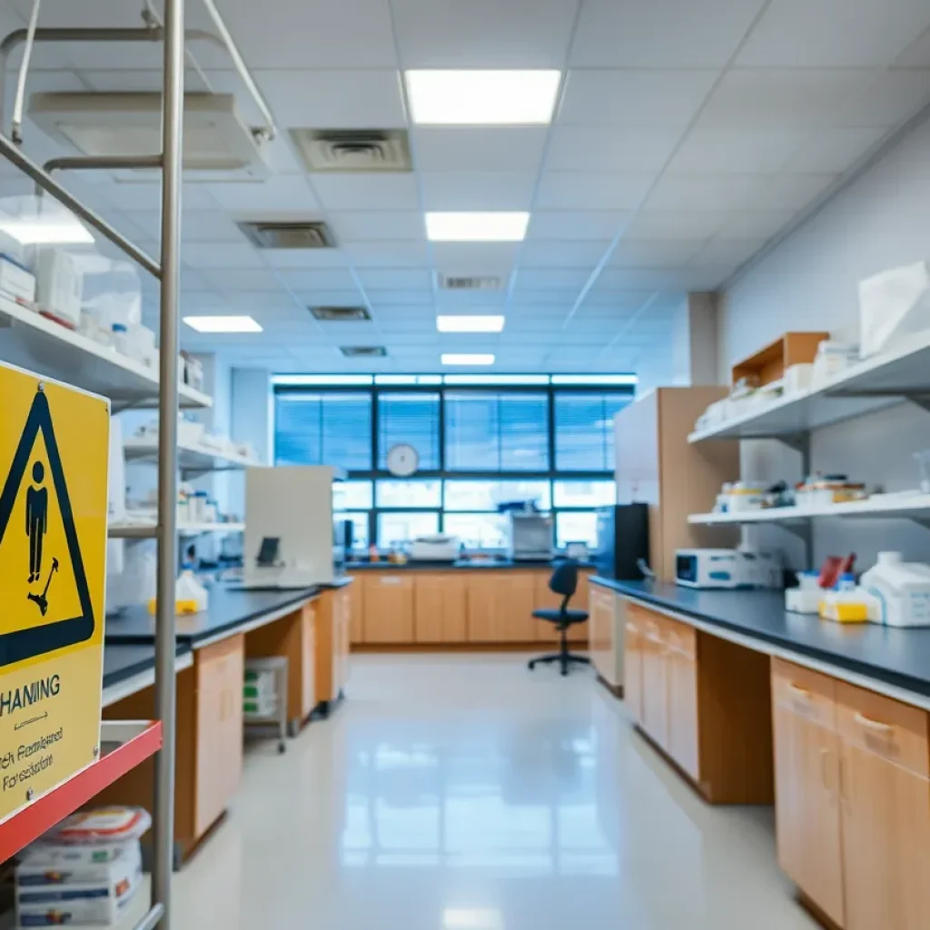 Laboratory scene with safety equipment and chemical warning signs.