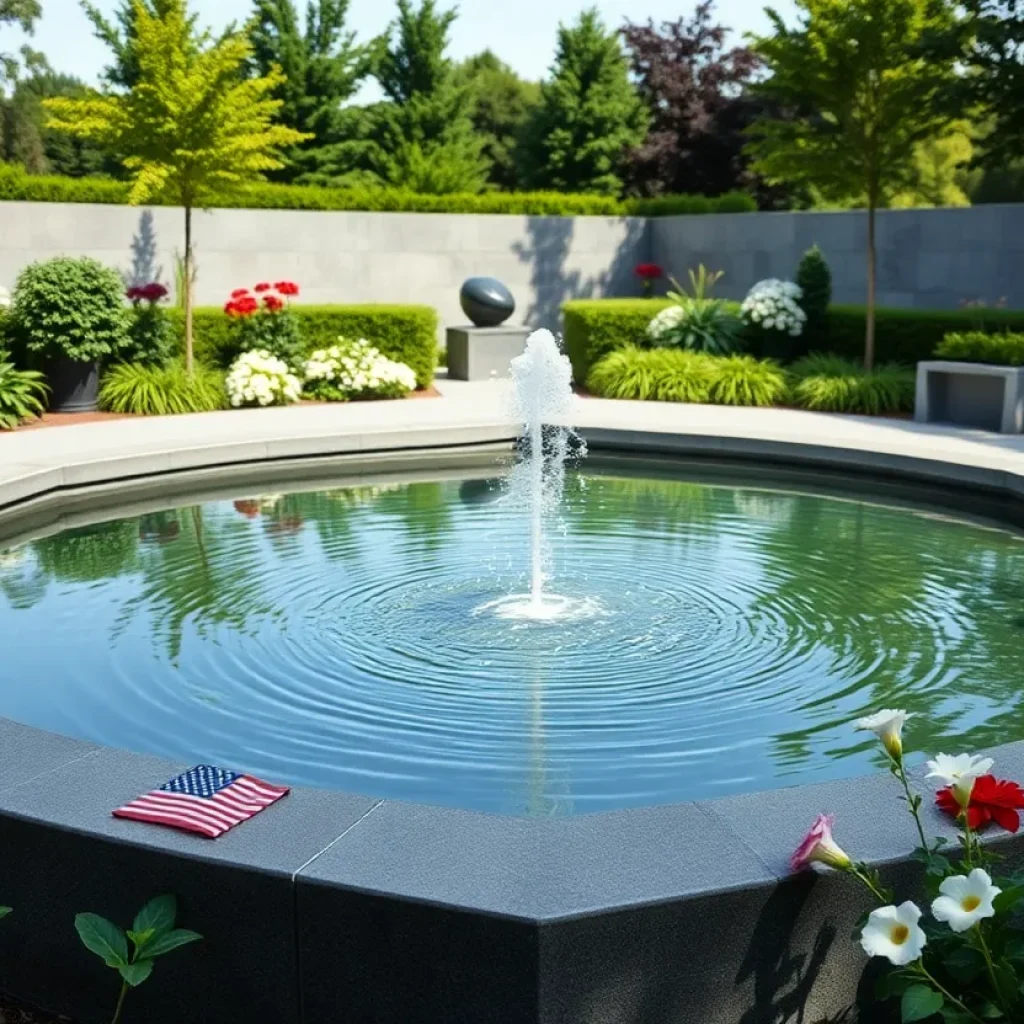 Proposed memorial at MSU featuring a water element surrounded by nature.