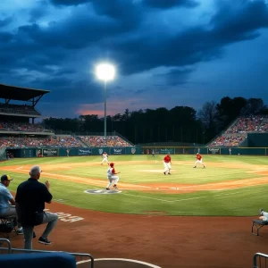 Novi High School baseball players in action during a championship game.
