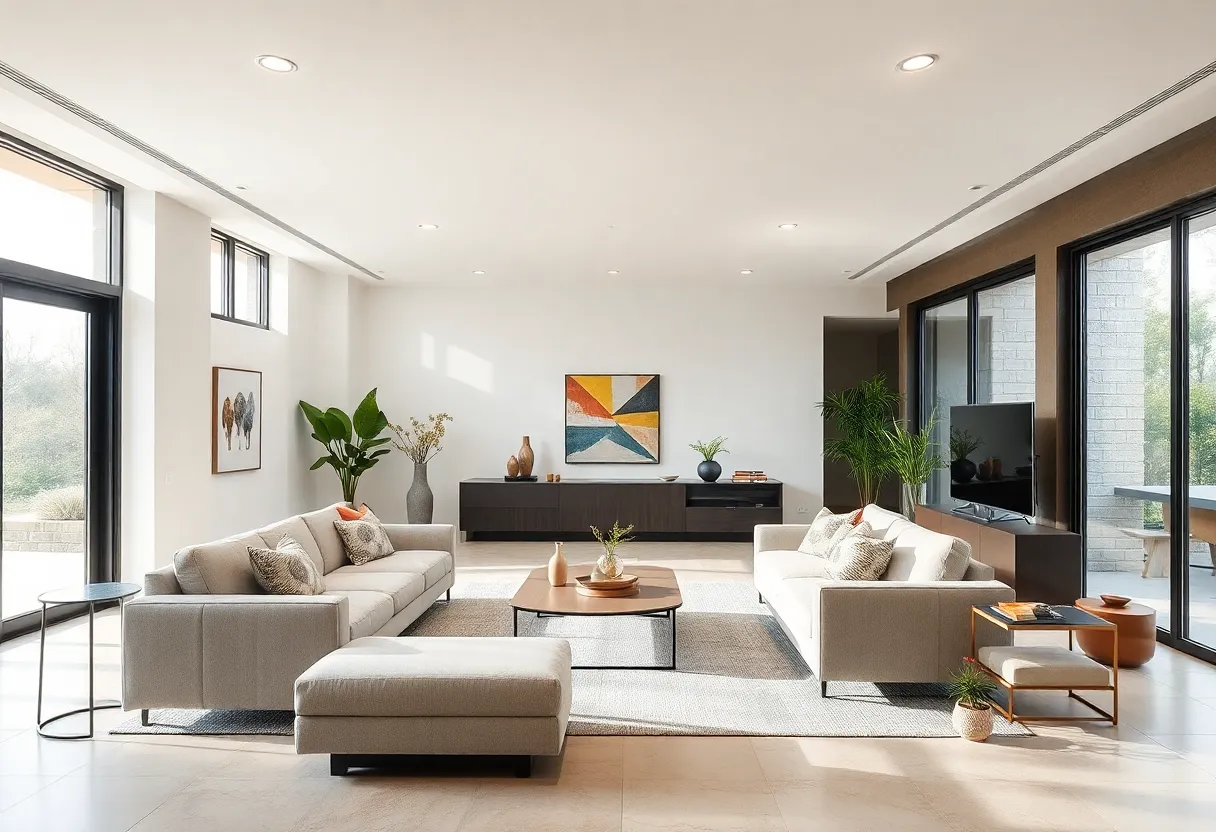 A spacious and airy modern open concept basement with natural light.