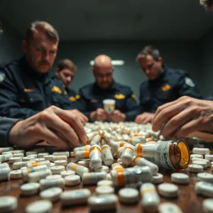 Law enforcement agents examining prescription drugs linked to an opioid distribution case.