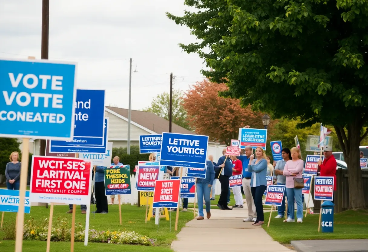 A suburban political campaign scene illustrating voter engagement and community involvement.