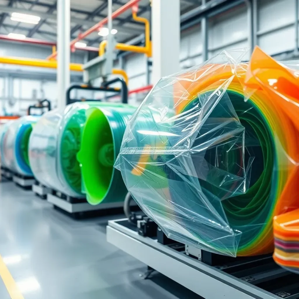 Modern recycling facility using innovative adhesive technology for multilayer plastics.