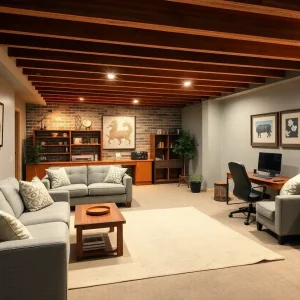 Stylish remodeled basement with a cozy living area