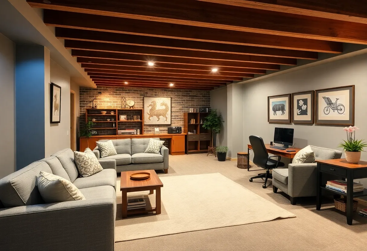 Stylish remodeled basement with a cozy living area