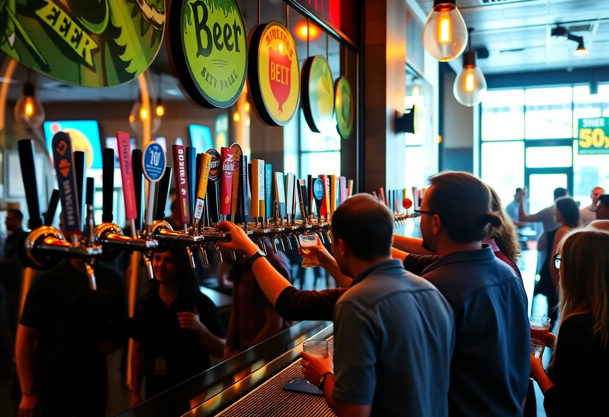 Guests enjoying the self-pour beer wall with 50 taps at HUB Stadium in Novi.