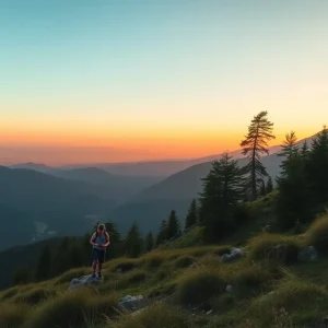 A tranquil outdoor scene depicting hiking and nature.