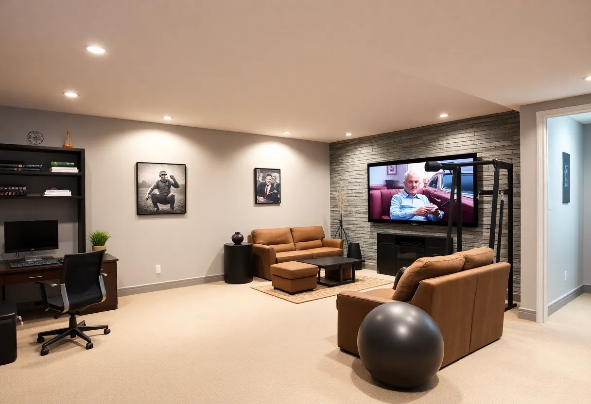 Conceptual image of a modern basement layout with designated areas for entertainment, office, and gym.