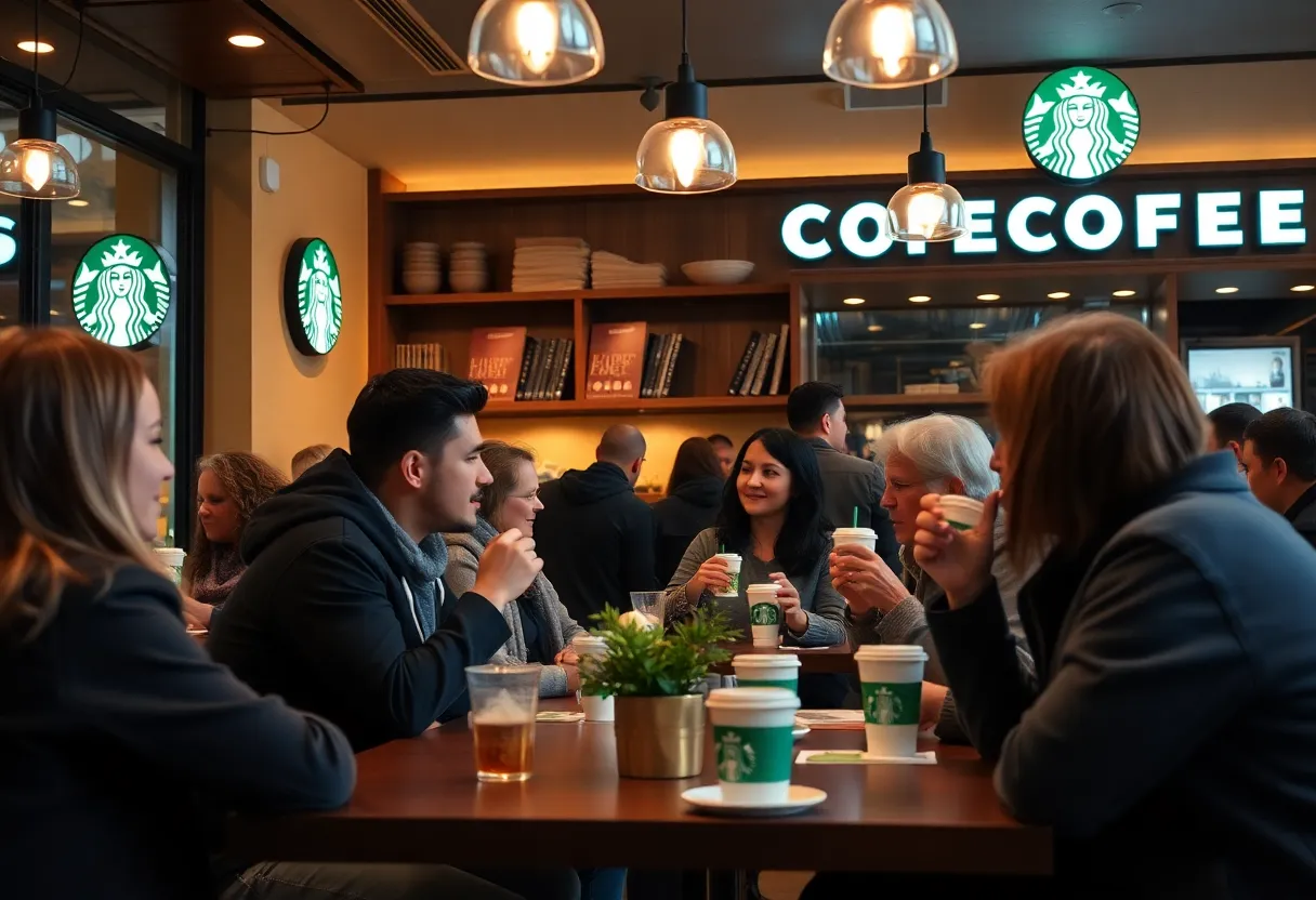 Customers enjoying beverages in a Starbucks coffeehouse.