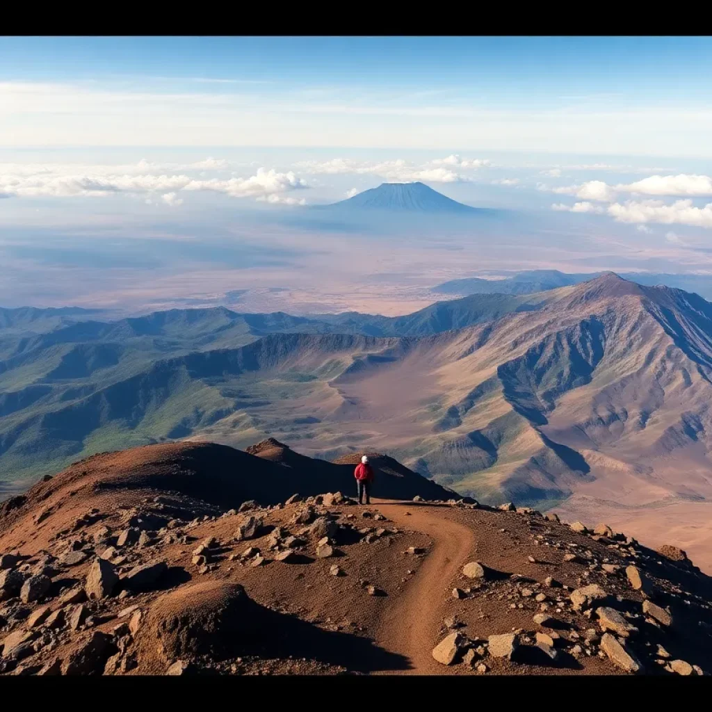 View from the summit of Mt. Kilimanjaro with climbers