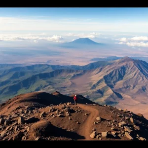 View from the summit of Mt. Kilimanjaro with climbers
