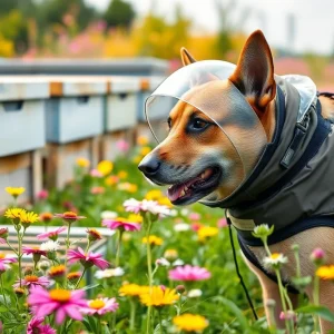 A trained dog in a protective suit sniffing around beehives.