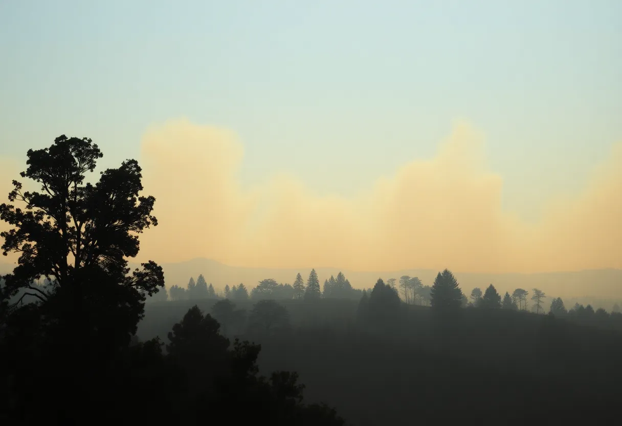 Hazy skyline and trees illustrating wildfire smoke effects on air quality in Michigan.