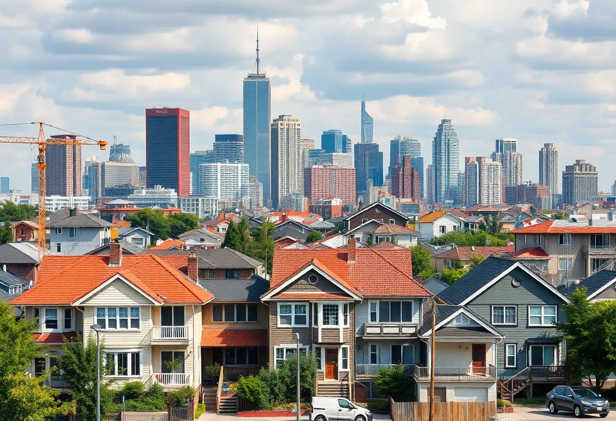 Affordable housing development in Detroit with families working on home repairs