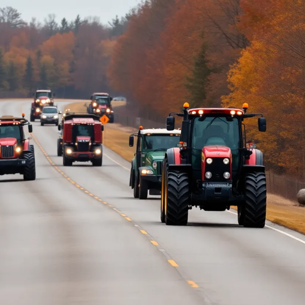 Slow-moving agricultural machinery on a rural Michigan road in autumn