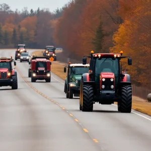 Slow-moving agricultural machinery on a rural Michigan road in autumn