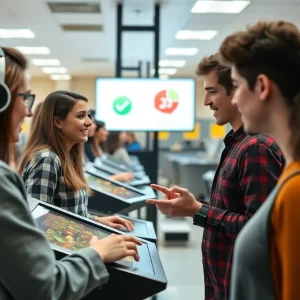 Students interacting with food waste monitoring kiosks at Michigan State University