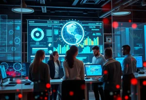 An illustration of AI technology in marketing environments showing collaboration among marketers.