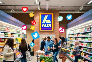 Aldi store with customers engaging in shopping and social media activities.