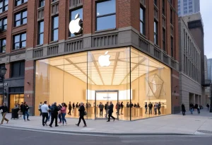 Apple Store Detroit exterior view with customers