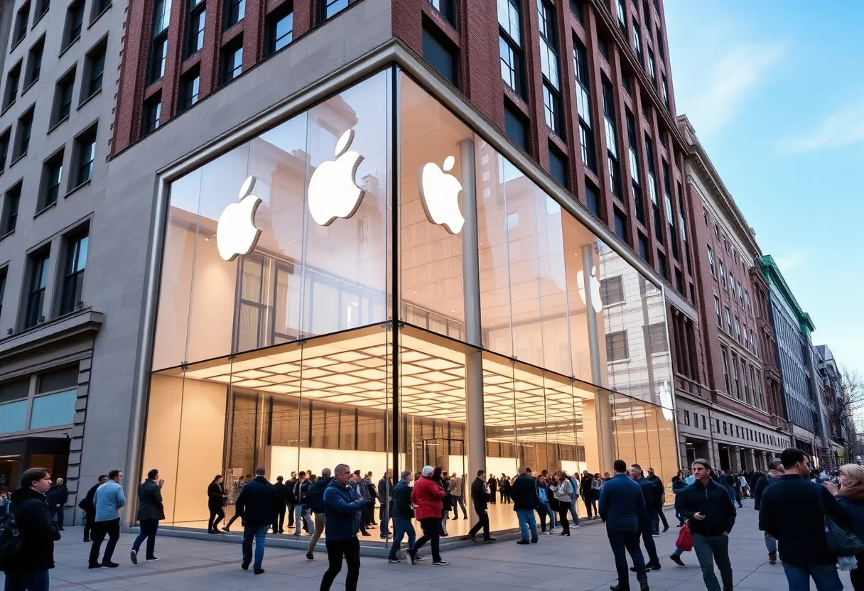 Grand opening event of the new Apple Store in Detroit with customers lining up.