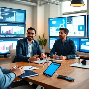 B2B marketers analyzing social media strategies in a modern workspace