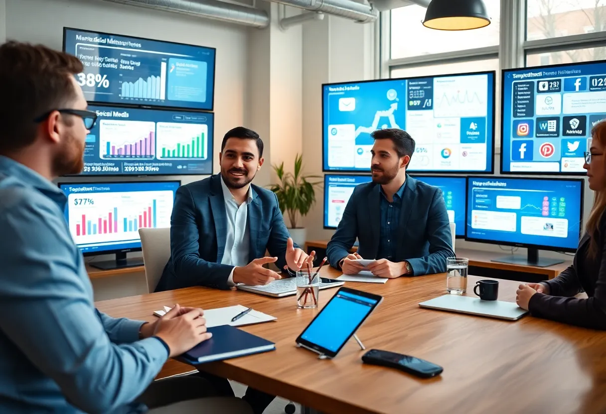 B2B marketers analyzing social media strategies in a modern workspace