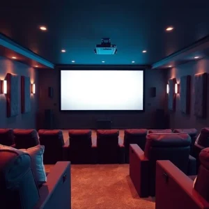 A stylish basement home theater featuring recliner seating and a large screen.