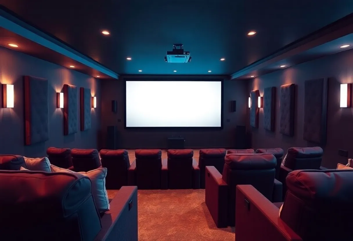 A stylish basement home theater featuring recliner seating and a large screen.