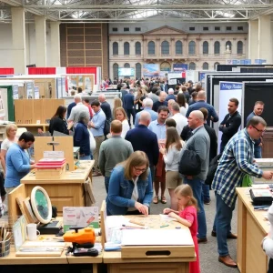 A bustling home renovation show with families participating in DIY projects