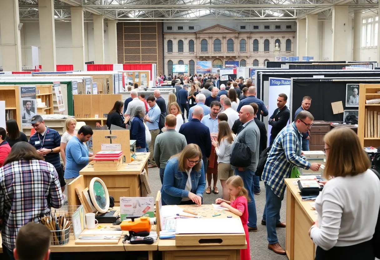 A bustling home renovation show with families participating in DIY projects