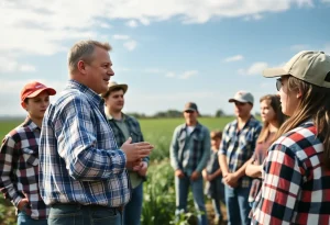 Youth leader speaking to young farmers in agricultural setting